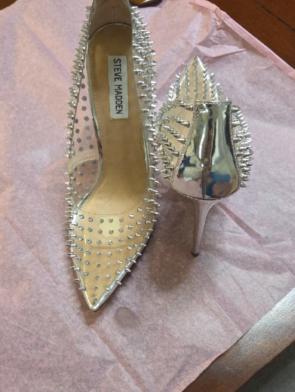 Steve Madden Clear Pointed Pumps with Silver Spikes - Picture 5 of 7